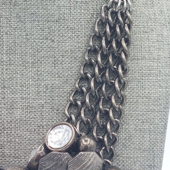 Vintage 80s Gunmetal Gray Silver Toned Necklace Cluster Bib Large Multi Strand - Picture 4 of 7